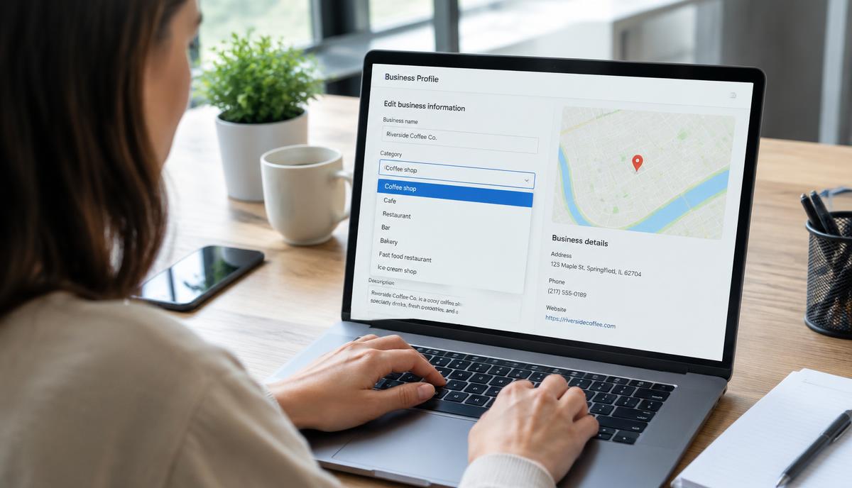 Chọn danh mục chính trong hồ sơ Google Business Profile trên laptop