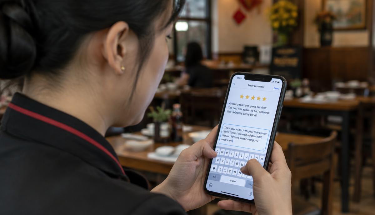 Quản lý nhà hàng trả lời đánh giá 5 sao trên Google bằng điện thoại